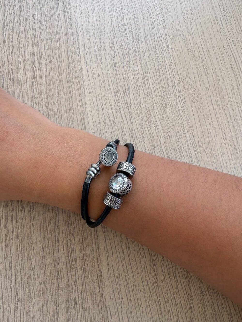 Pandora Sterling Silver Double Wrap Black Leather Bracelet With X3 Charms